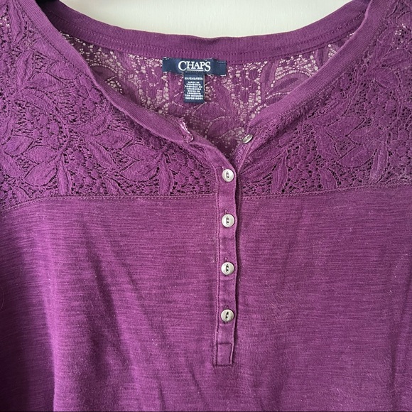 Deep purple long sleeve henley shirt with lace shoulder and neck line - Picture 2 of 4
